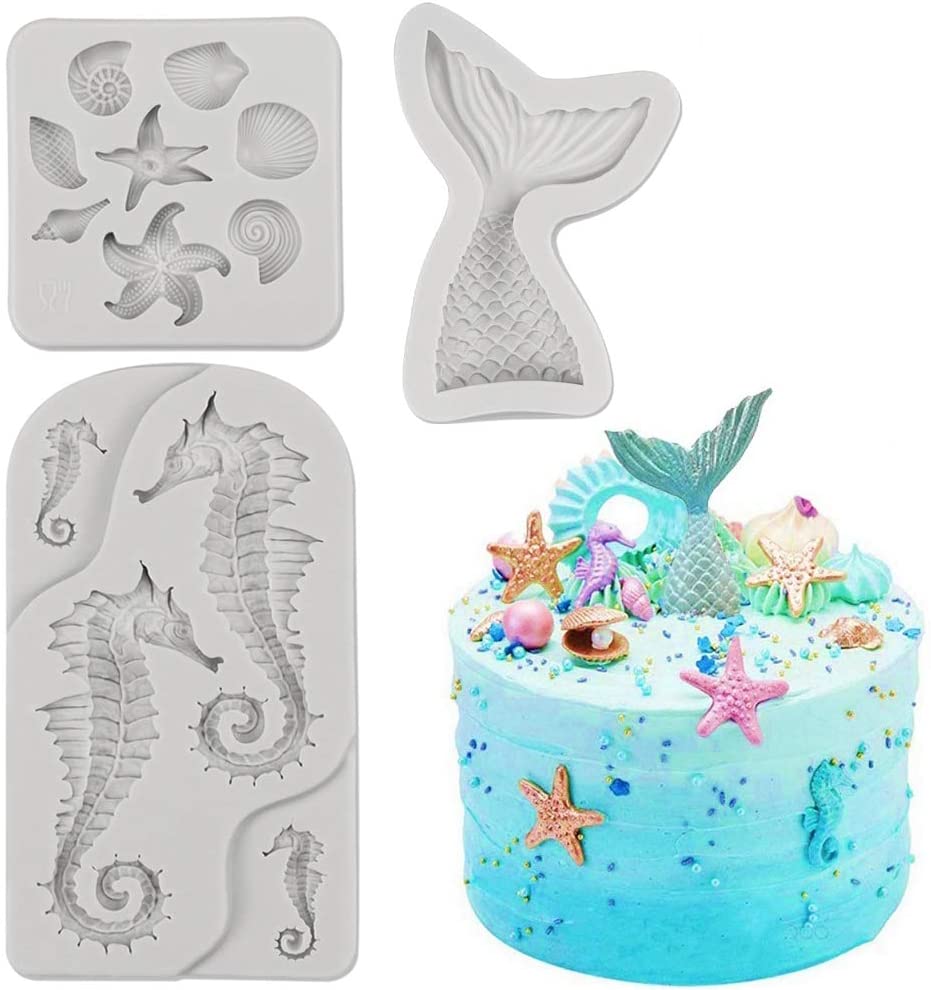 Sakolla Silicone Fondant Molds Mermaid Cake Decorations, 3-Pack