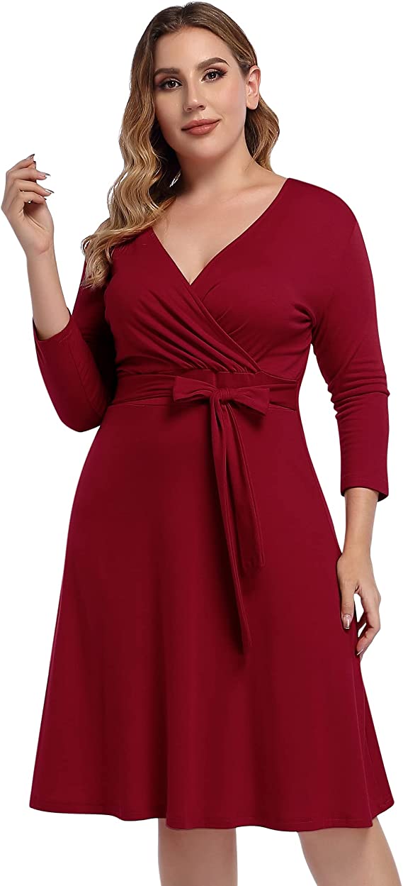 AMZ PLUS Faux Wrap A-Line Red Dress For Plus-Size Women
