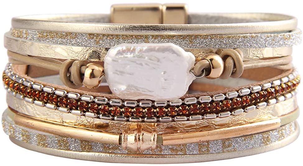 AZORA Leather & Baroque Pearl Costume Jewelry Bracelet
