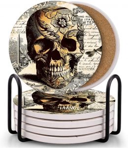 Britimes Metal Holder & Cork Mat Bottom Skull Coasters, 6-Pack