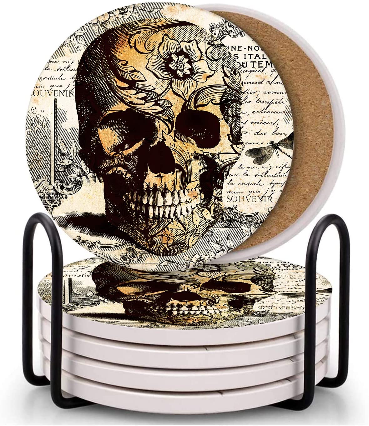 Britimes Metal Holder & Cork Mat Bottom Skull Coasters, 6-Pack