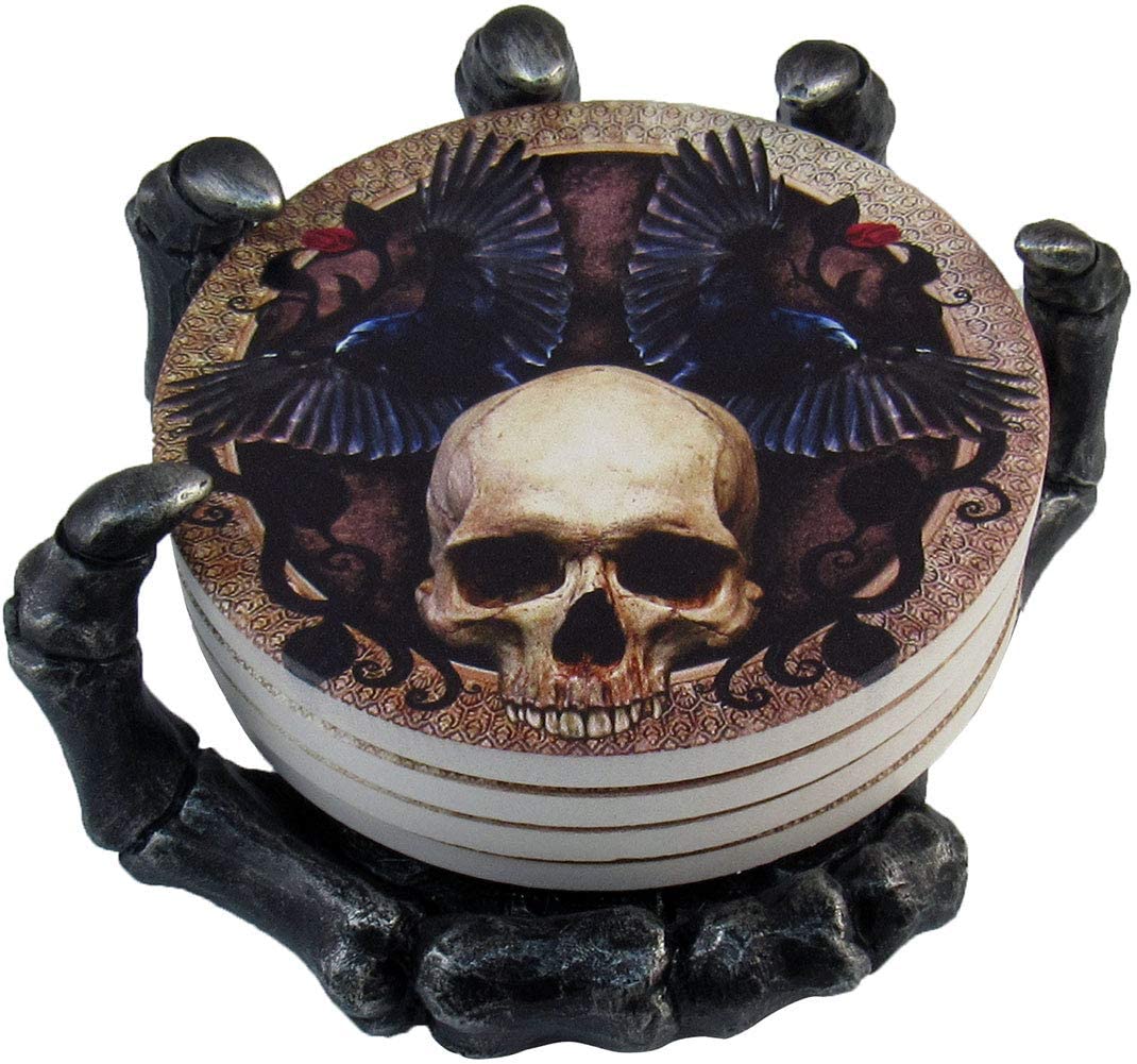 DWK Skeleton Hand Holder & Ceramic Skull Coasters, 4-Pack