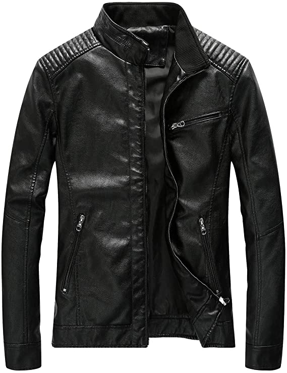 Fairylinks Windproof Motorcycle Men’s Black Faux Leather Jacket