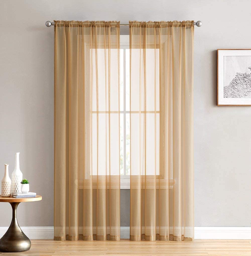 HLC.ME Rod Pocket Top Gold Sheer Curtains, 84-Inch