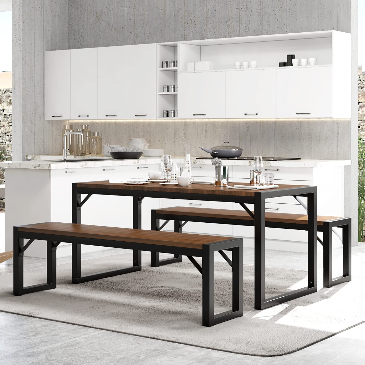 IMUsee Industrial Soho Bench & Table Kitchen Dining Set, 3-Piece