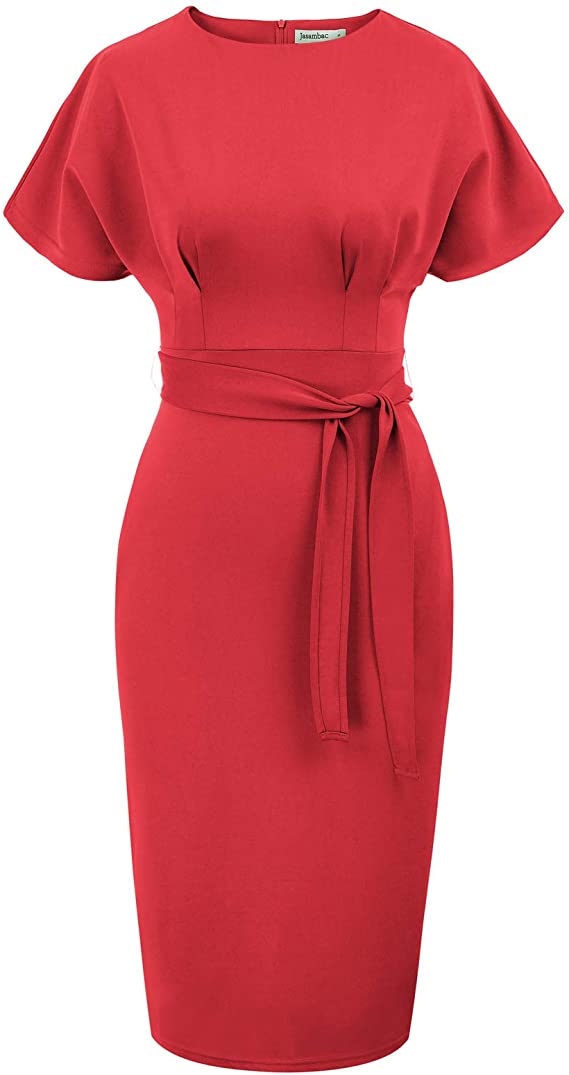 JASAMBAC Pocket Belt Pencil Bodycon Red Dress For Plus-Size Women