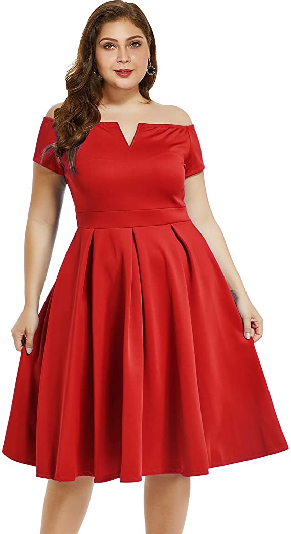 LALAGEN Sweetheart Neckline Midi Red Dress For Plus-Size Women
