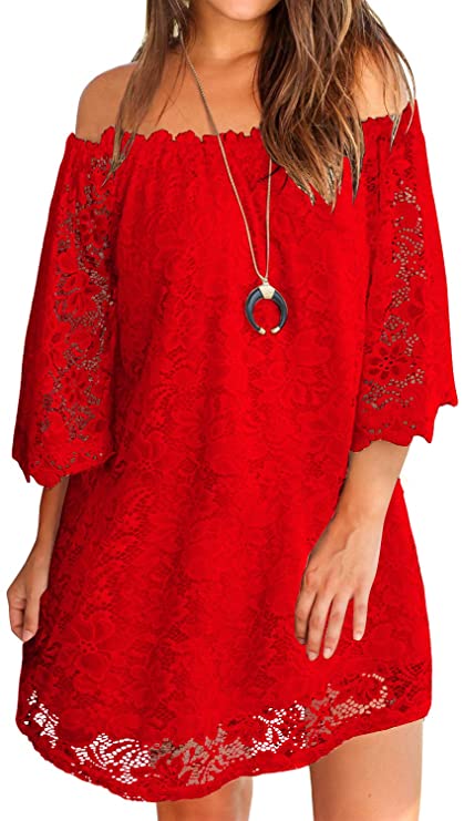 MIHOLL Lace Off-Shoulder Red Dress For Plus-Size Women