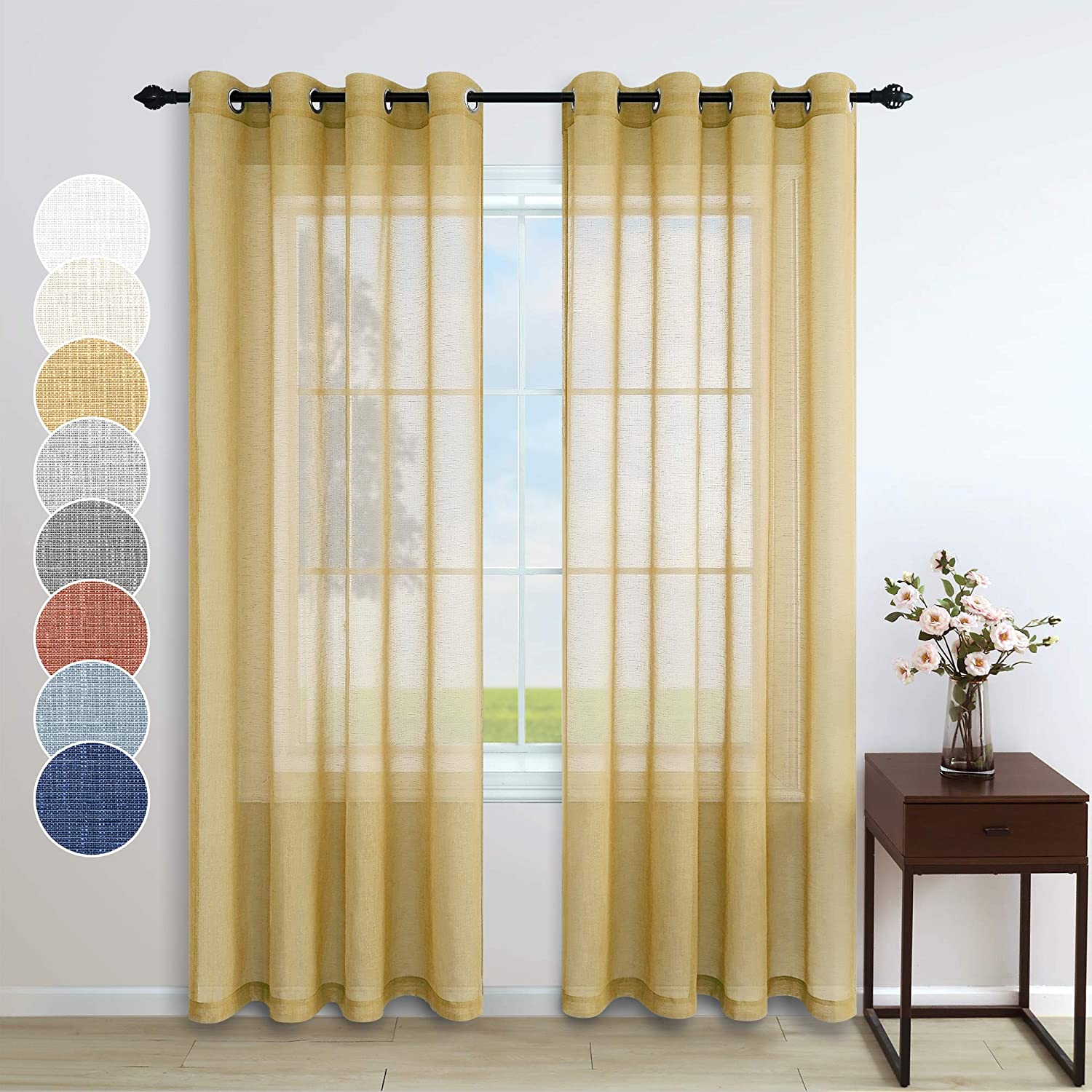 Pitalk Linen Weave Pattern Gold Sheer Curtains, 84-Inch