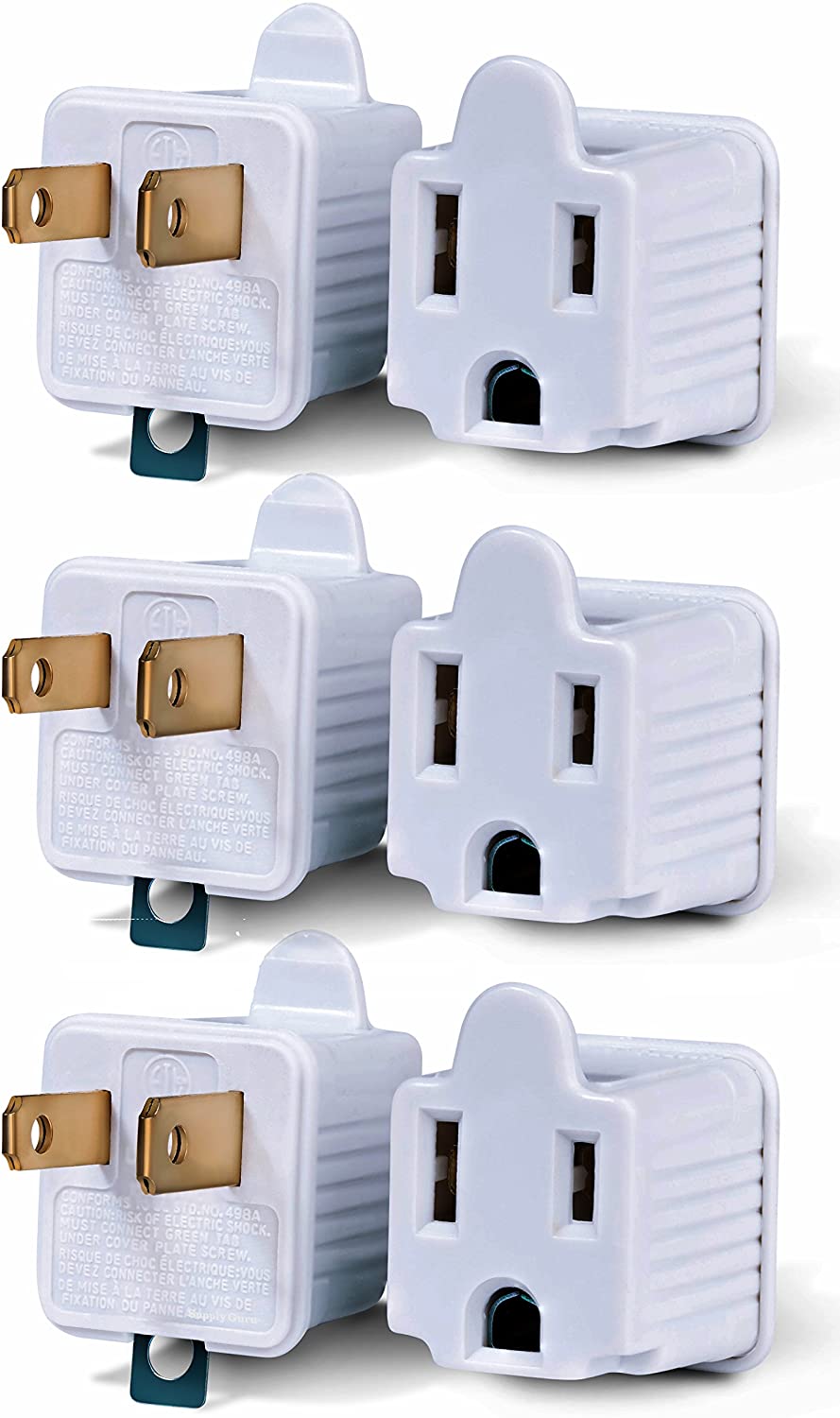 Supply Guru ETL Listed 3-To-2 Prong Plug Adapters, 6-Count