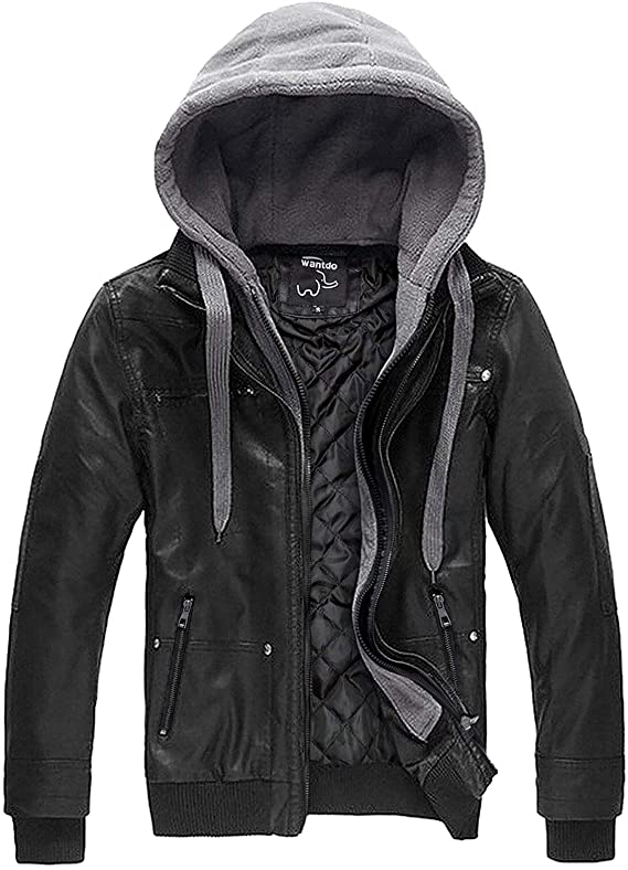 Wantdo Removable Hood Men’s Black Faux Leather Jacket