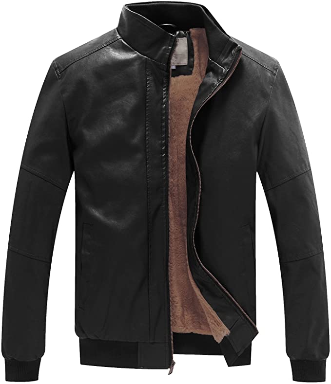 WenVen Stand Collar Bomber Men’s Black Faux Leather Jacket