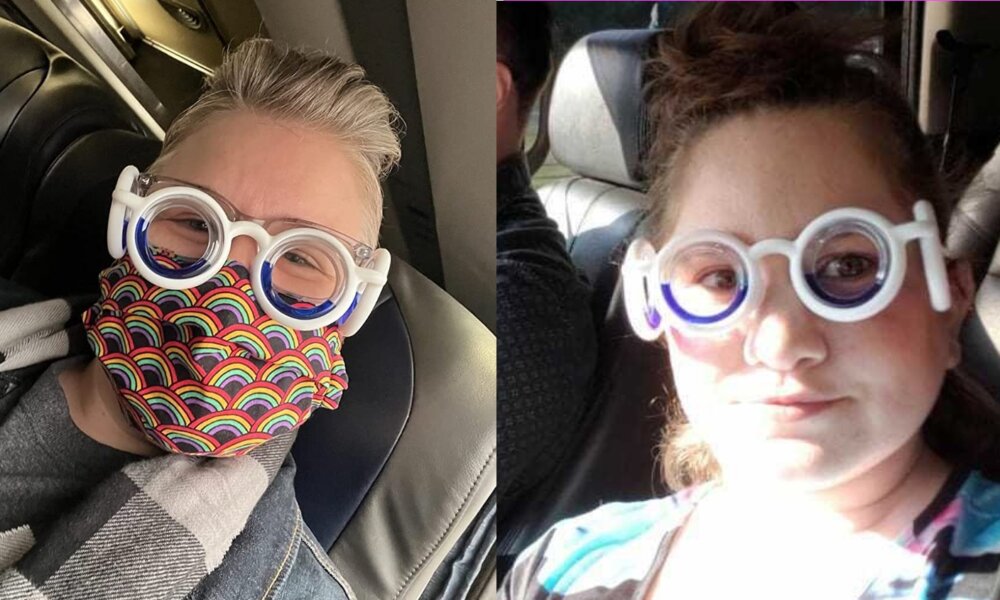two people wearing motion sickness glasses