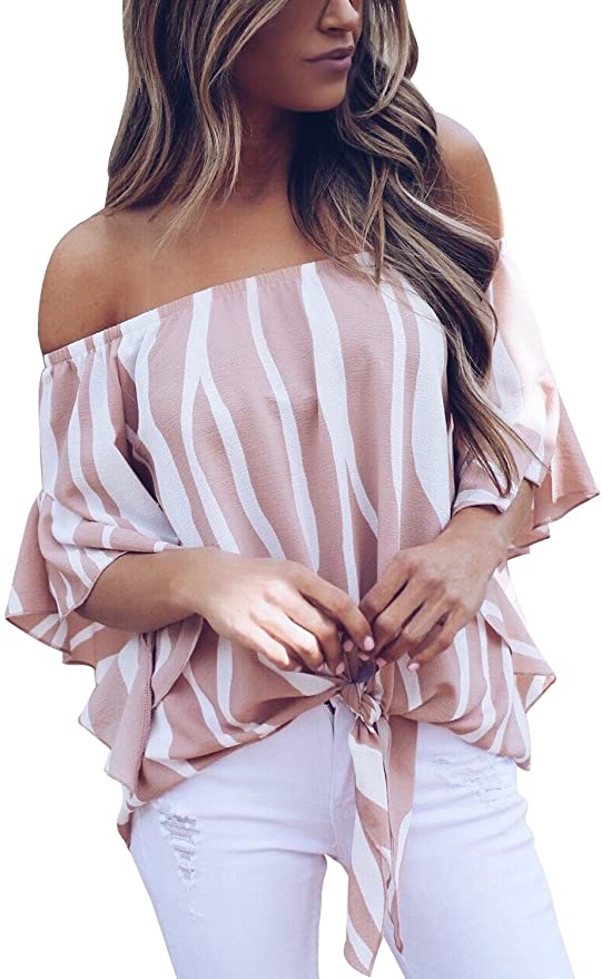 Asvivid 3/4-Length Flare Sleeve Tie Knot Front Off-Shoulder Top