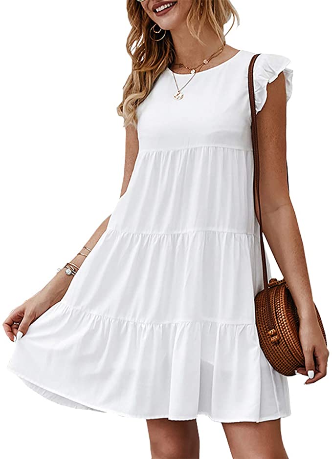 KIRUNDO Sleeveless Ruffle Pleated Mini White Dress