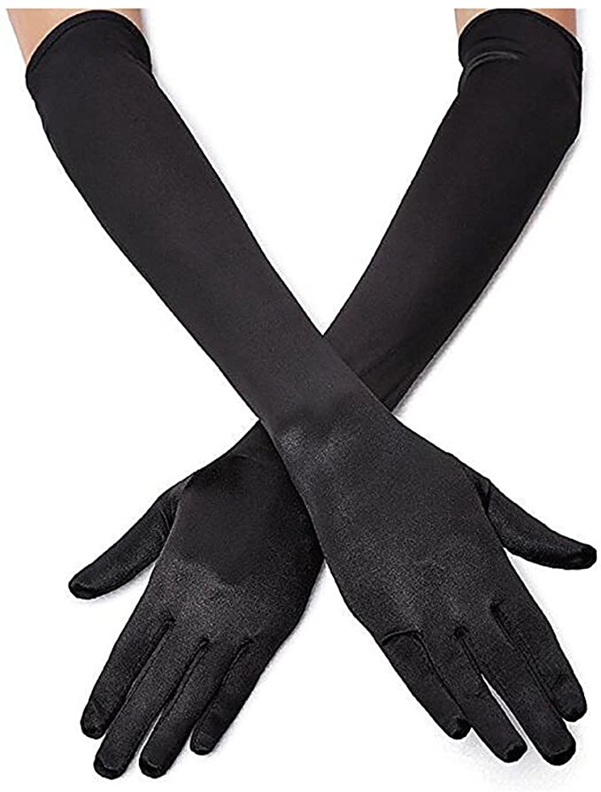Lansian Machine Washable Classic Black Satin Gloves, 22-Inch