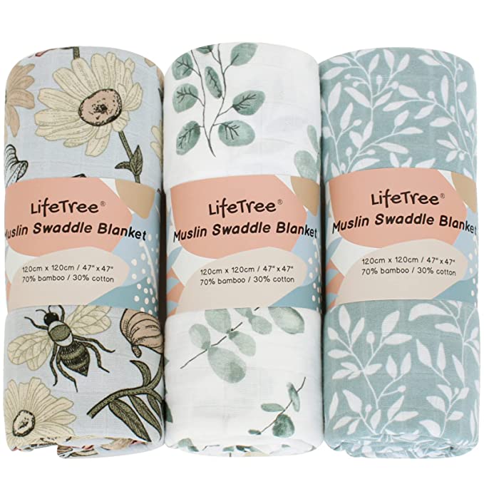 LifeTree Breathable Muslin Swaddle Blanket, 3-Pack