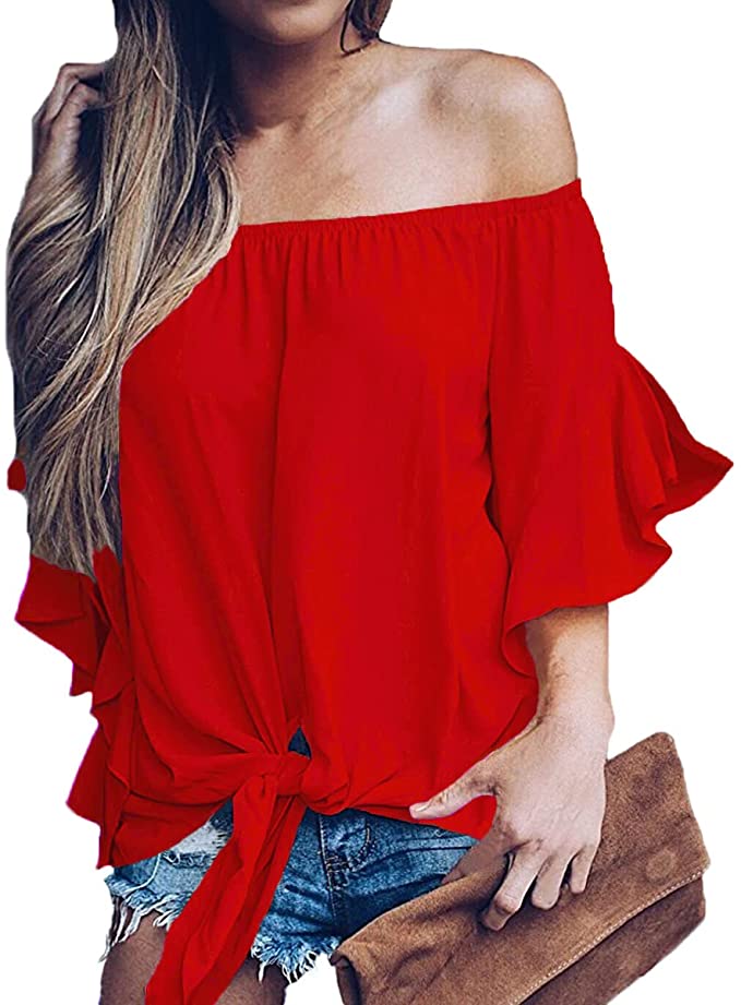 LuckyMore 3/4-Length Bell Sleeve Tie Knot Front Off-Shoulder Top