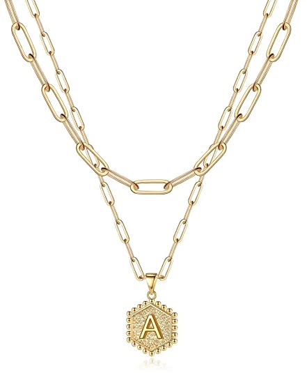 M MOOHAM Initial Pendant & Paperclip Chain 14K Gold Plated Necklace
