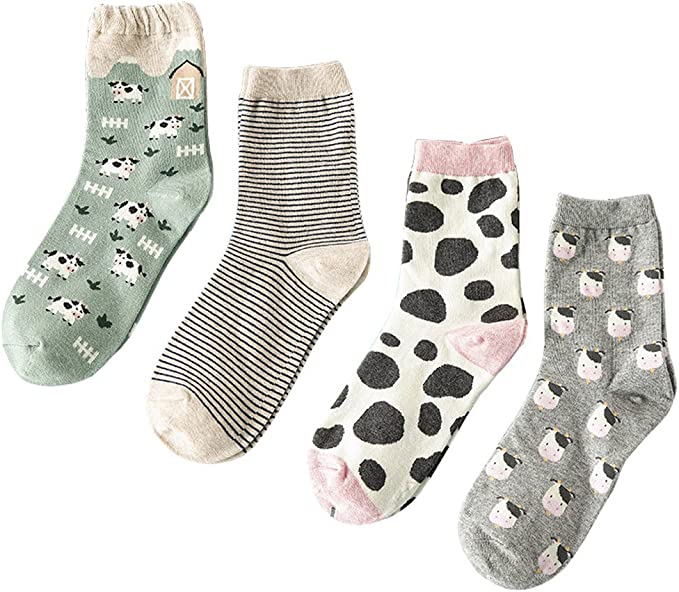 Searchself Cotton Stretchy Cow Socks, 4-Pack