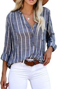 Astylish Roll-Up-Sleeve V-Neck Button Down Blouse