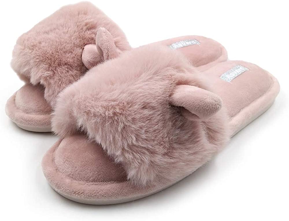 Asverd Rubber Soled Lightweight Pink Fuzzy Slippers