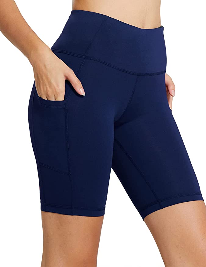 Oasisocean High Waist Yoga Shorts Workout Running Shorts with Side Pockets Tummy Control Compression Shorts for Women 