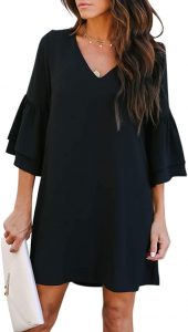 BELONGSCI Bell Sleeve V-Neck Mini Black Dress
