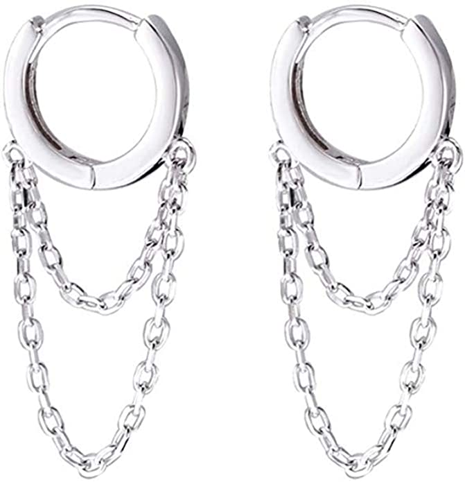 Dtja White Gold Plated Hoop & Tassel Chain Earrings