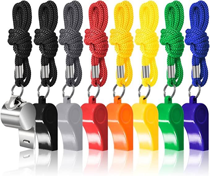 FineGood Lanyard & Plastic Sports Whistles, 7-Pack