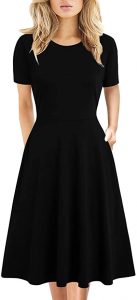 HELYO Short Sleeves & Pockets A-Line Swing Black Dress