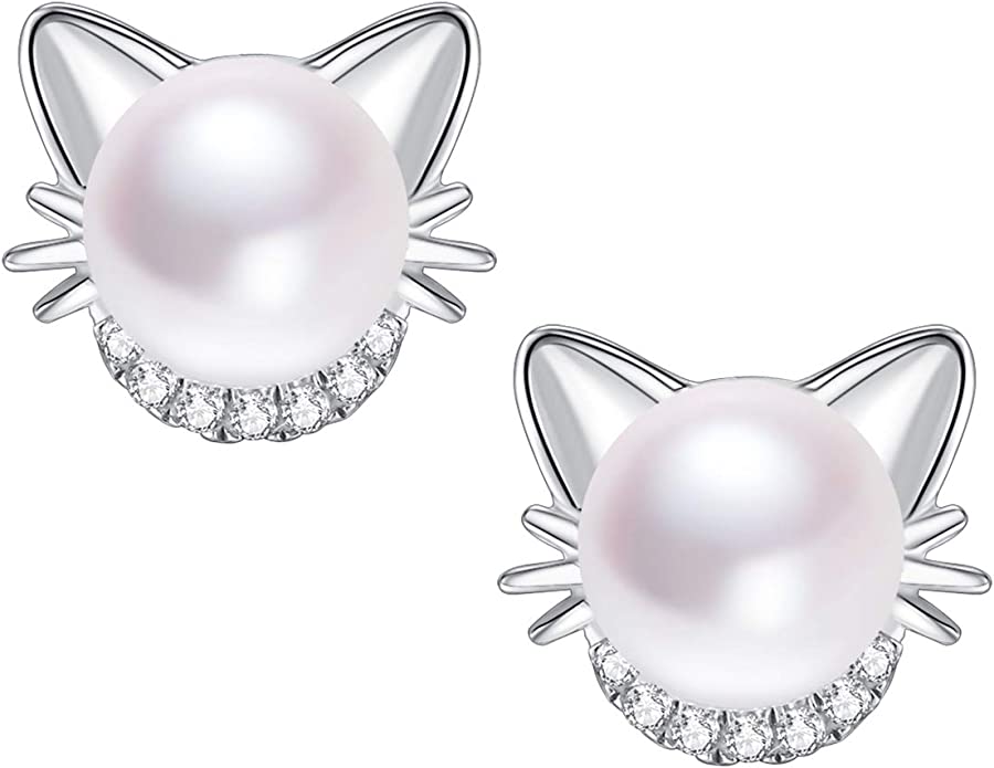 JORA Nickel-Free Freshwater Pearl Sterling Silver Cat Earrings