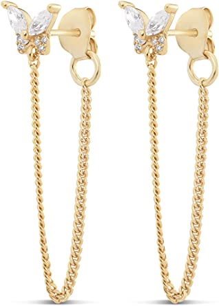 Milla Butterfly Stud Gold Plated Sterling Silver Chain Earrings