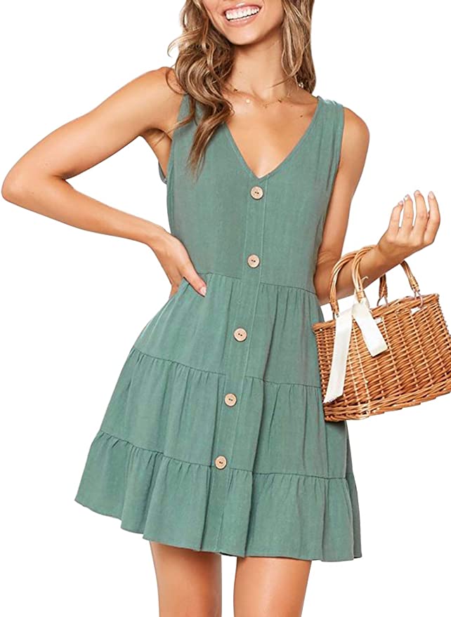 MITILLY Sleeveless V-Neck Button Front Swing Summer Dress