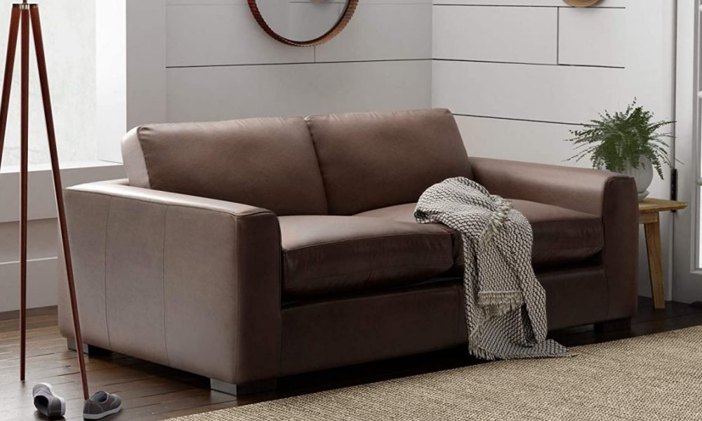 Brown leather couch by Stone & Beam Westview