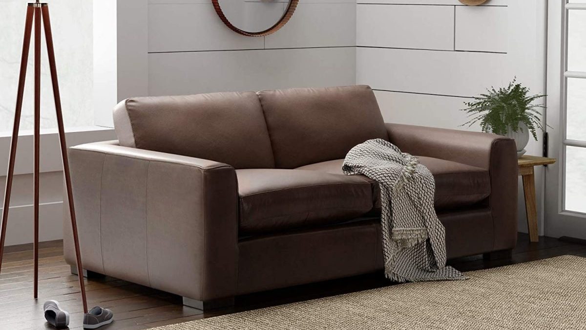 Brown leather couch by Stone & Beam Westview