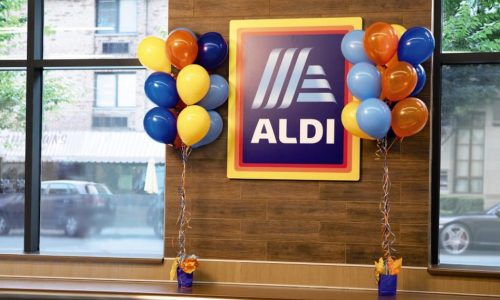 Balloons decorate an Aldi store.