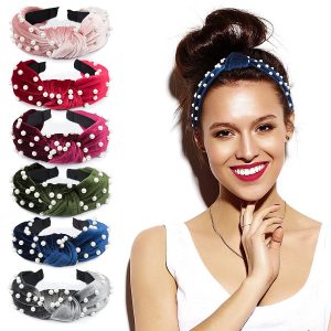 EAONE Velvet Knot Stretchable Pearl Headbands, 6-Count