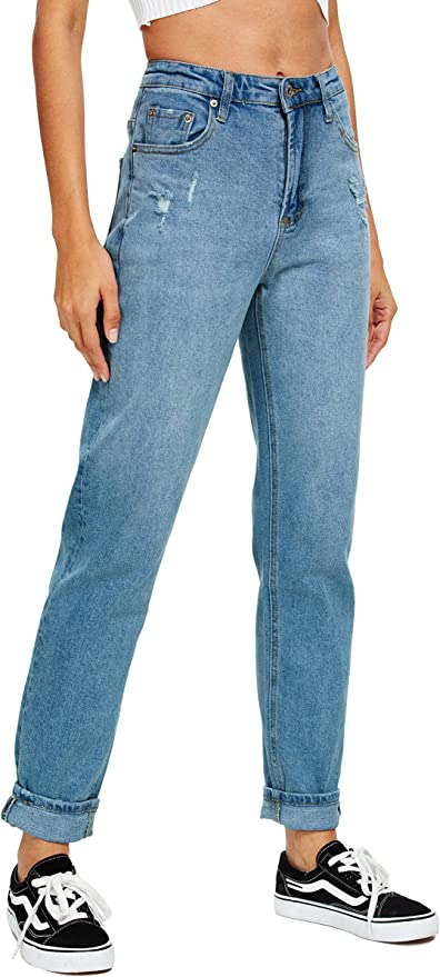 JMITHA Slim Fit Waist Distressed Mom Jeans