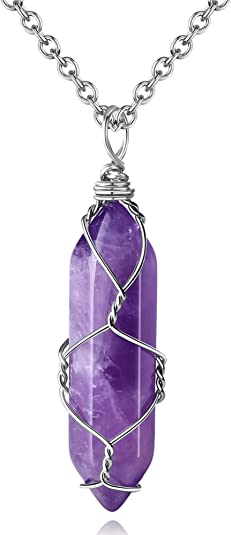 MAIBAOTA Wire Wrapped Hexagonal Amethyst Crystal Necklace