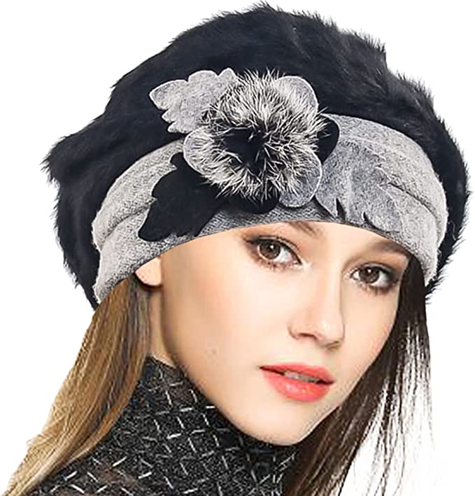 VECRY Women’s 100% Wool & Angora French Floral Beret