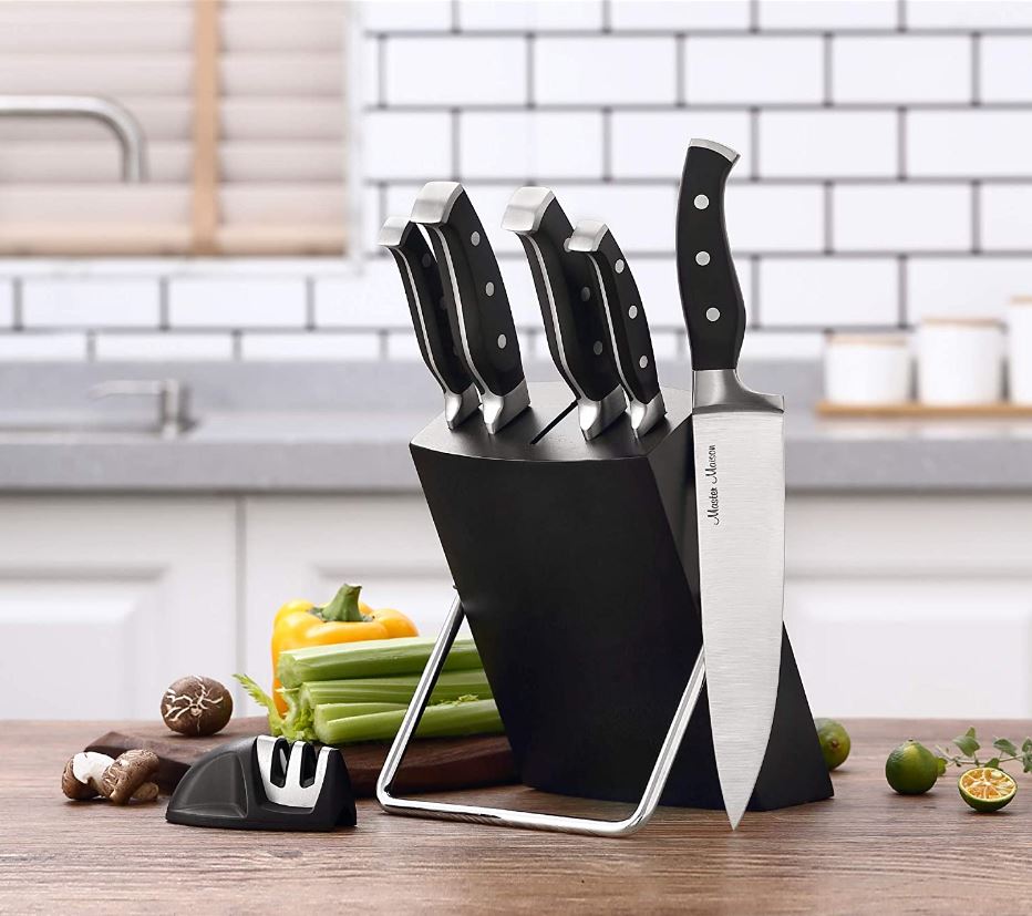 Master Maison 19-Piece Kitchen Knife Set with Wooden Kitchen Knife Block,  Black