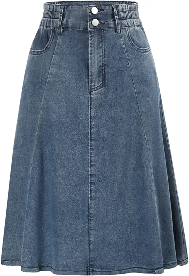 Kate Kasin High Waist Flared Midi Denim Skirt