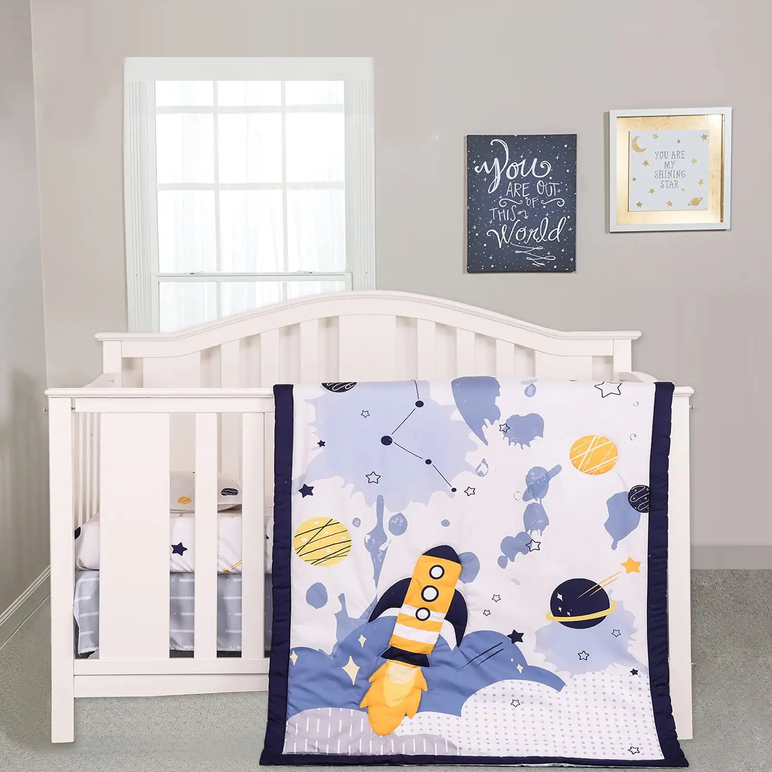 PINNKKU Rocket Ship Crib Comforter Set For Boys, 3-Piece