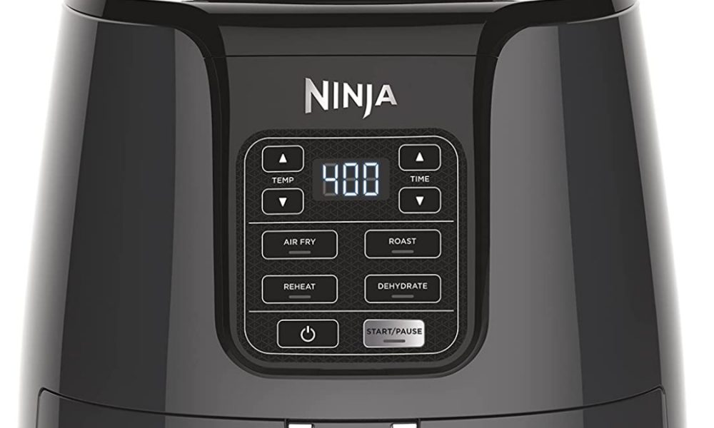 A black Ninja Air Fryer is shown close up.