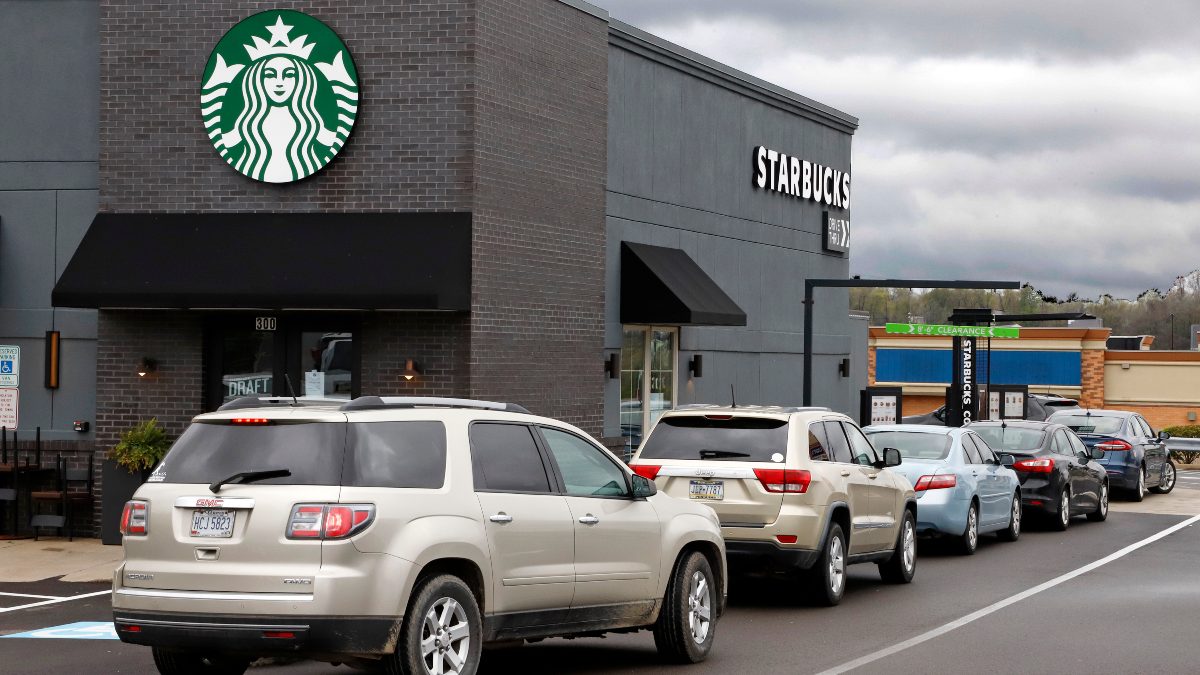 Cars wait at Starbucks drive-thru