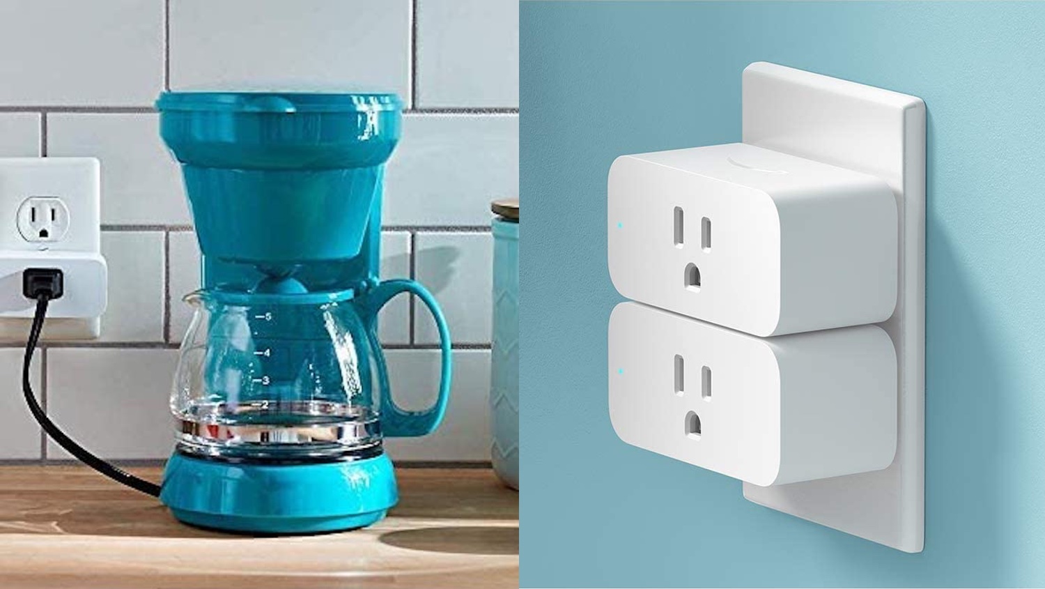 Alexa smart plugs in outlet, with coffee maker