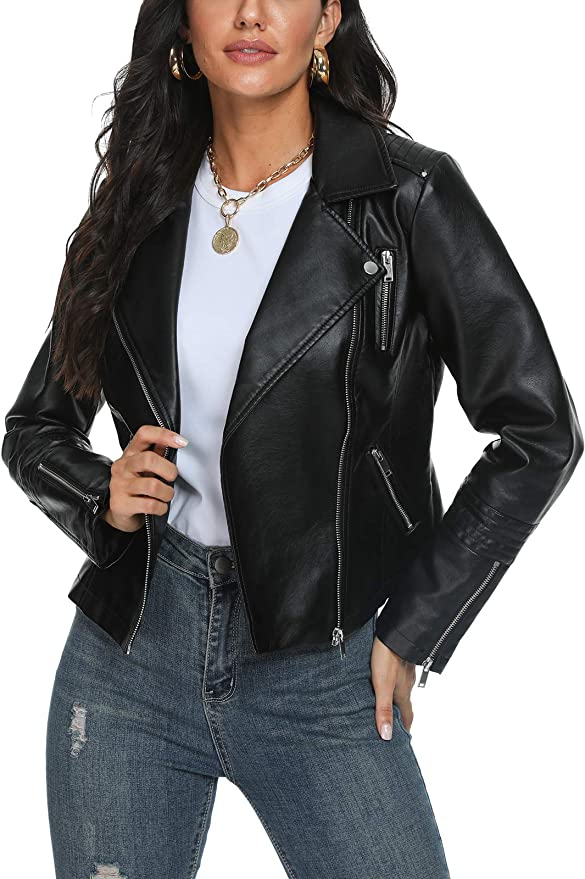 Fahsyee Women’s Vegan Leather Moto Jacket