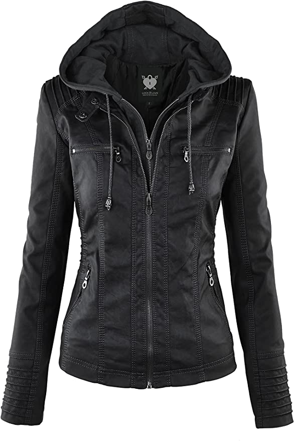 Lock and Love Women’s Removable Hood Faux Leather Jacket