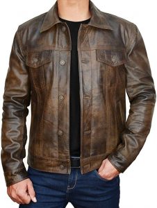 STOREJEES Men’s Genuine Leather Slim Fit Trucker Jacket